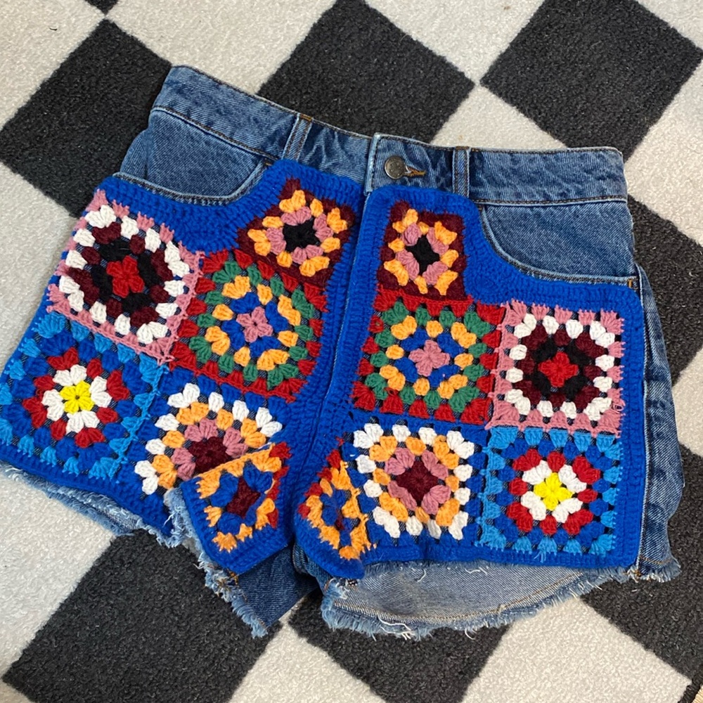 Farm Rio Ultra High-Rise Crochet Denim Shorts